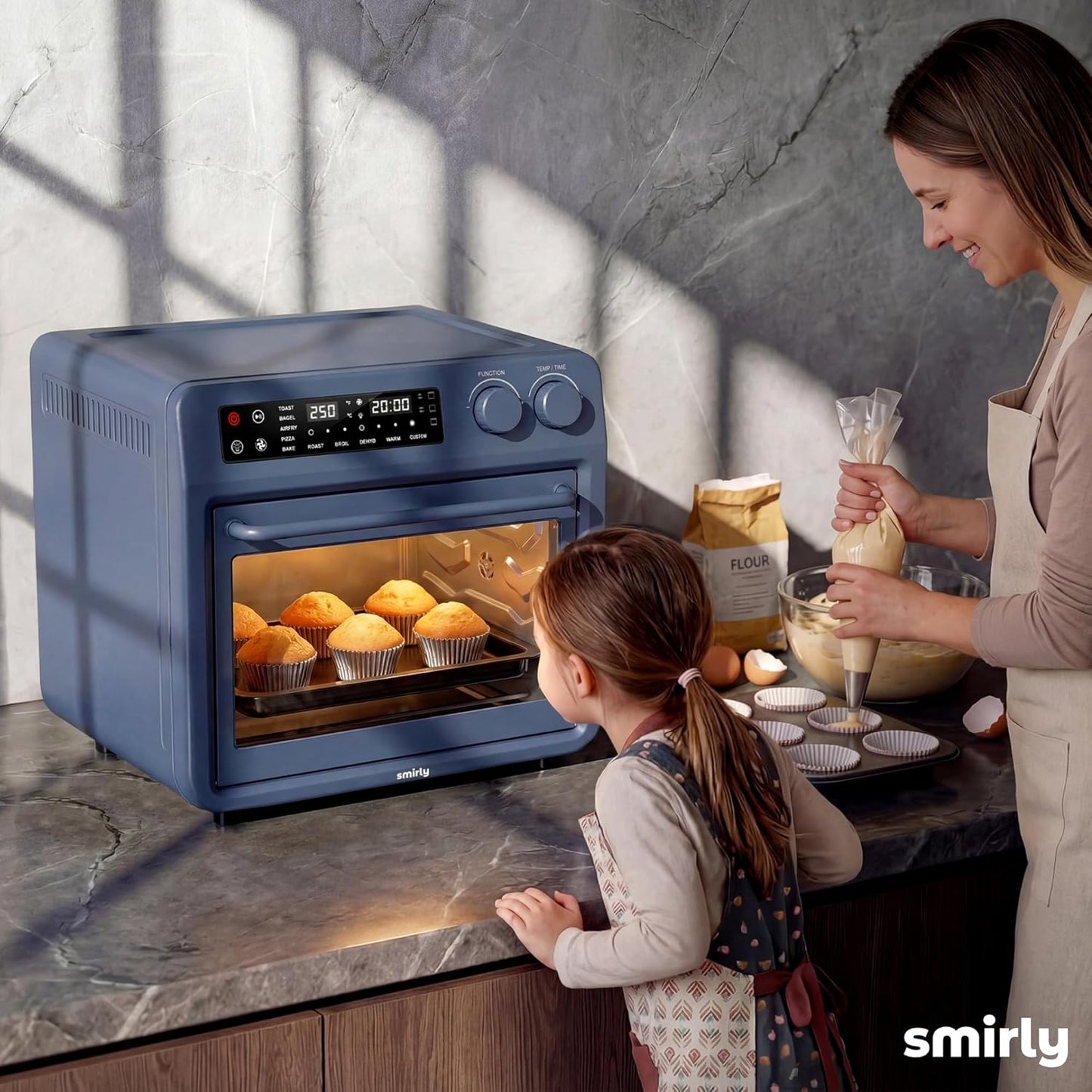 SMIRLY Digital Air Fryer Toaster Oven - 27QT Convection Oven | 10-in-1 Multi-Function, Fits 12" Pizza & 6 Slices of Toast, Stainless Steel, Blue