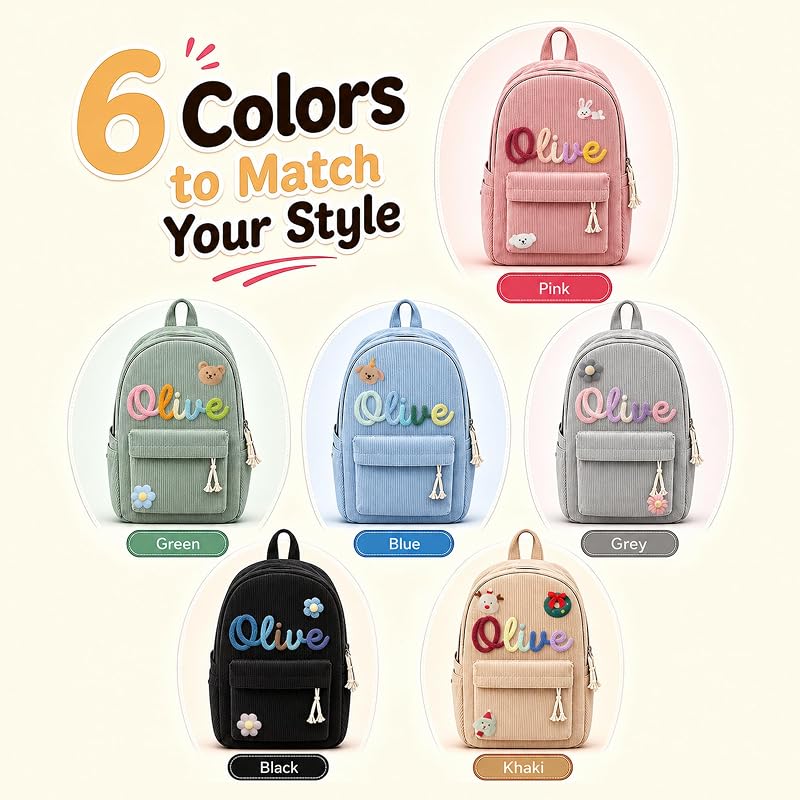 Personalized Kids Backpack with Name Embroidery, Corduroy School Bag for Girls & Boys