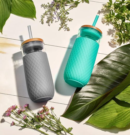 Ello Devon 18oz Glass Tumbler - Bamboo Lid & Silicone Sleeve | Ideal for Iced Coffee, Tea & Smoothies