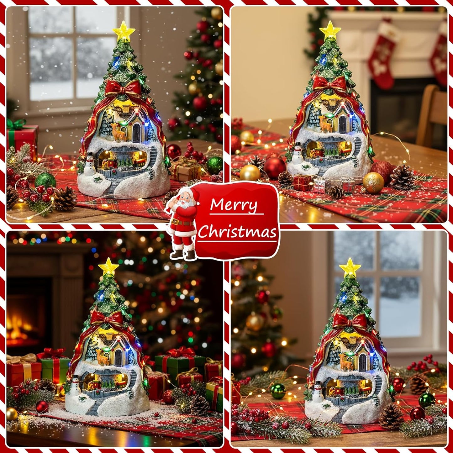 MXwcy Animated Musical Christmas Tree Village - Lighted Figurine with Spinning Santa Train | Plays 8 Holiday Carols, Perfect Tabletop Decor