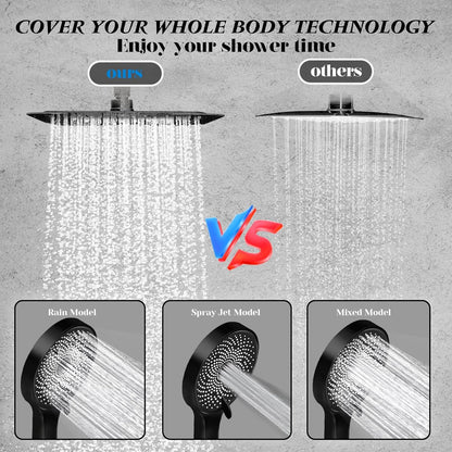 Skiennix 10” Rain Shower Head - High Pressure Handheld Spray Combo with Adjustable Arm | Matte Black Finish