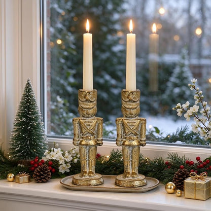 Set of 2 Gold Nutcracker Candle Holders - Handcrafted Iron Christmas Decor (Variation: Gold Nutcracker)