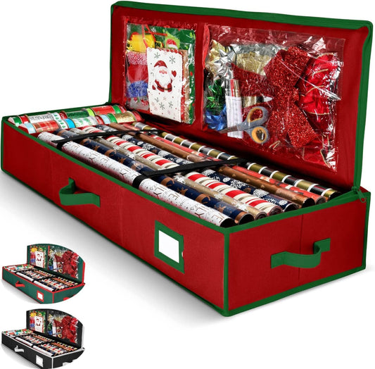 Premium Wrapping Paper Organizer - Heavy-Duty Gift Wrap Holder with Extra Pockets | Fits Up to 27 Rolls (Red)