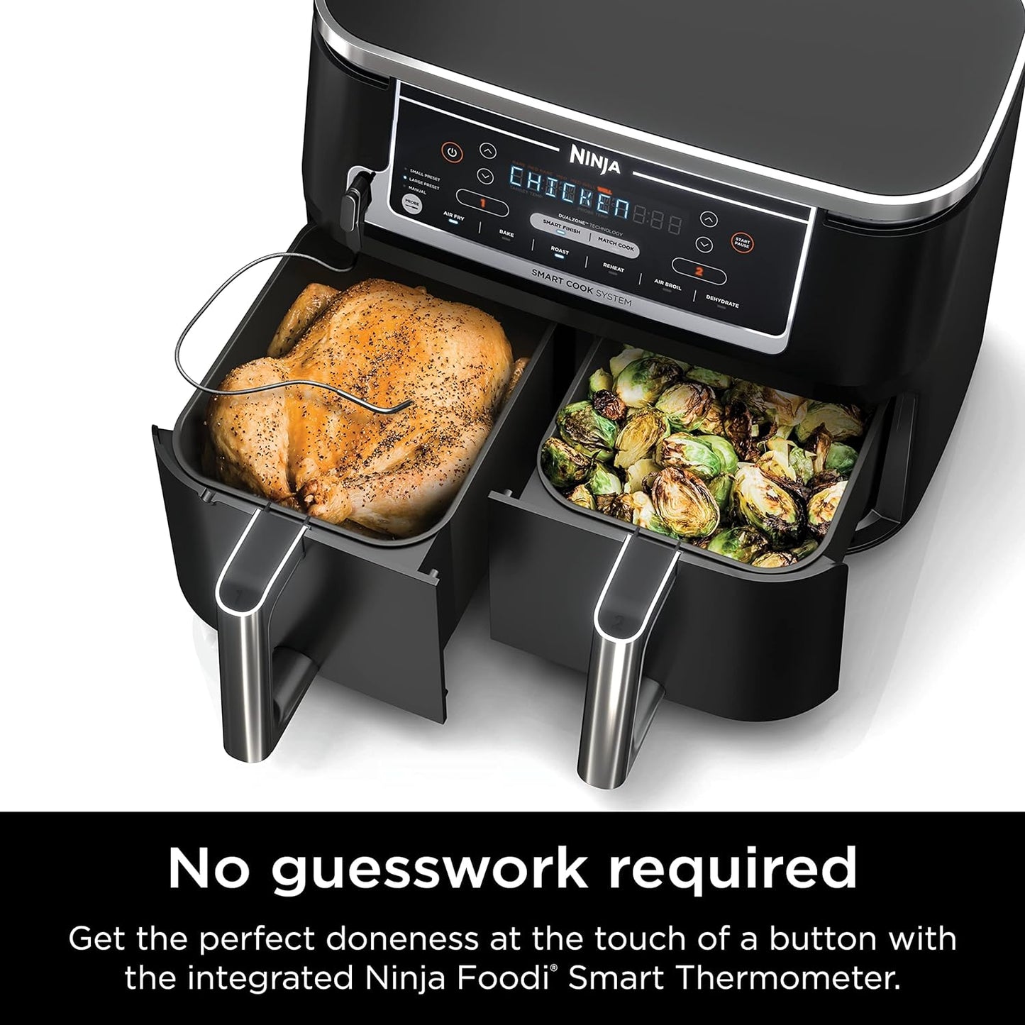 Ninja DZ550 Foodi 10 QT XL Air Fryer - 6-in-1 DualZone with Smart Cook Thermometer & 2 Baskets, Grey