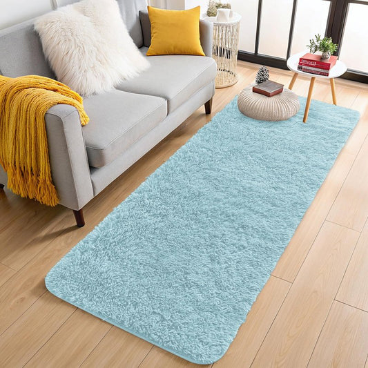 OLANLY 2x5 Machine Washable Runner Rugs for Hallway, Soft Fluffy Shaggy Bedside Rugs for Bedroom, Living Room, Indoor Floor Carpet for Kids Girls and Boys, Home Decor Aesthetic, Light Blue