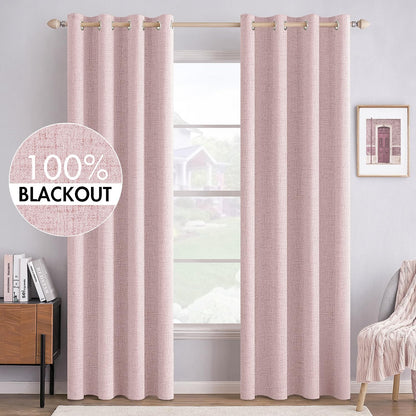 MIULEE 90-Inch Linen Texture Curtains - 100% Blackout Thermal Insulated Pink Drapes | Room Darkening 52x90 Inch (2 Panels)
