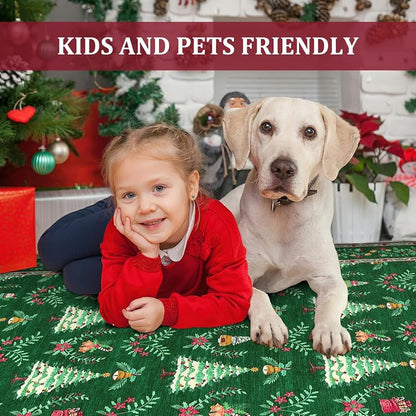 Green Christmas Tree & Floral Rug 8x10, Low-Pile Non-Slip Indoor Accent Rug