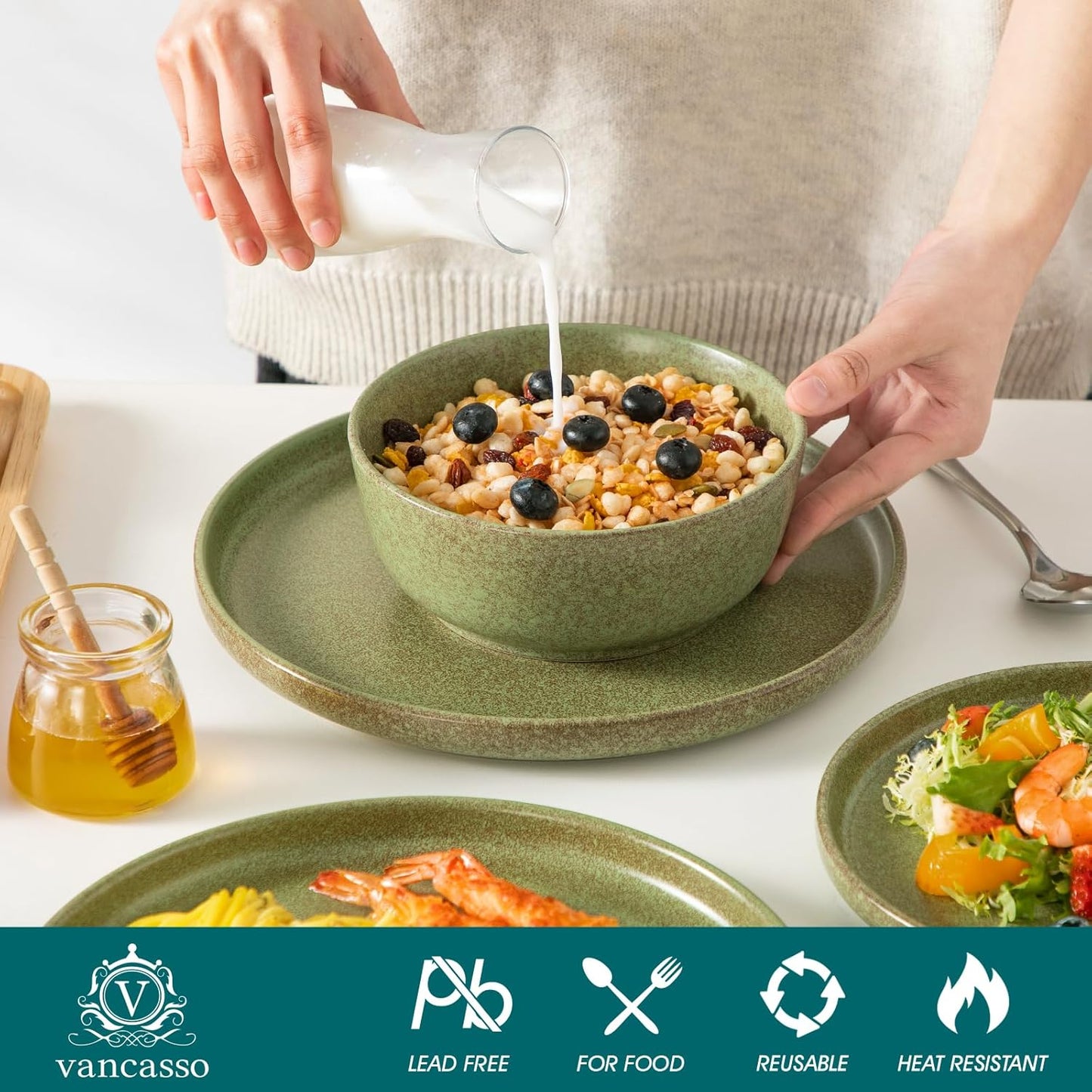 Vancasso ZERMATT Dinnerware Set - 24-Piece Stoneware Dish Set for 8 | Scratch Resistant, Dishwasher & Microwave Safe, Green