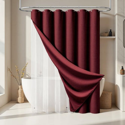 Dynamene Extra Long Shower Curtain and Liner Set - 96 inch Tall Waffle Fabric, Waterproof Clear Liner, Heavy Duty Weighted Hotel Luxury Cloth Shower Curtains for Bathroom, 12 Hooks, 72x96, Burgundy