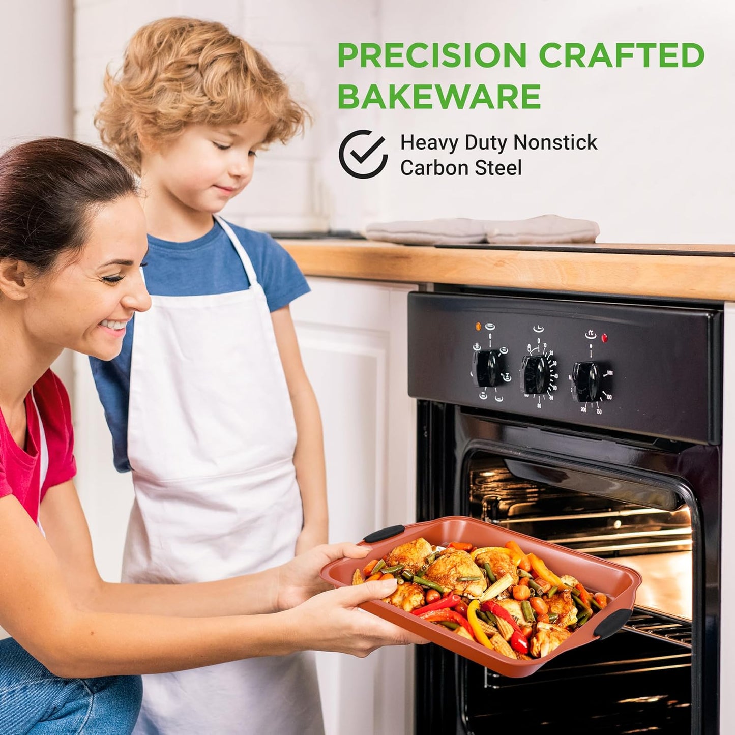 NutriChef 8-Piece Nonstick Baking Pans Set - Durable Carbon Steel Bakeware with Heat-Safe Silicone Handles - Rose Gold