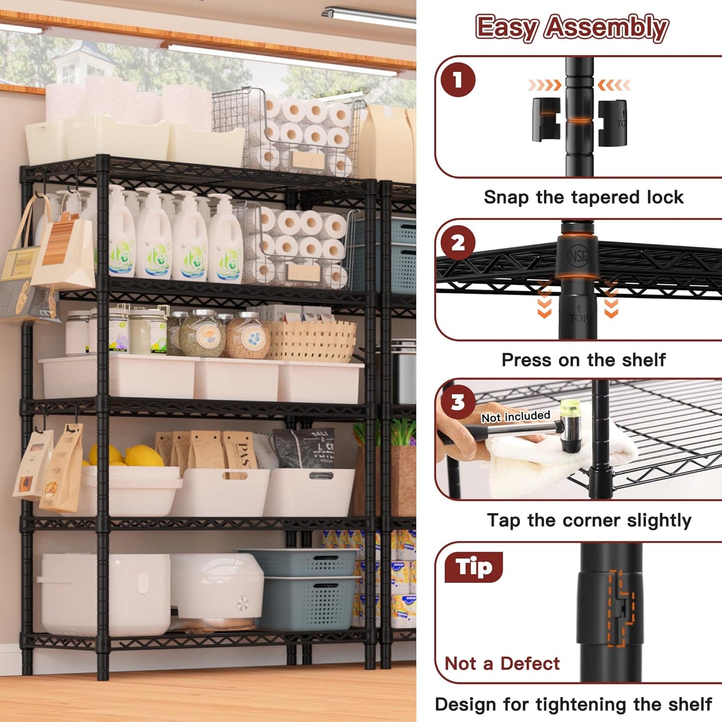 PrimeZone Wire Metal Storage Shelves - Heavy Duty 5-Tier Adjustable Organizer Rack | NSF-Certified Steel, 35.5" W x 14" D x 72" H, Black