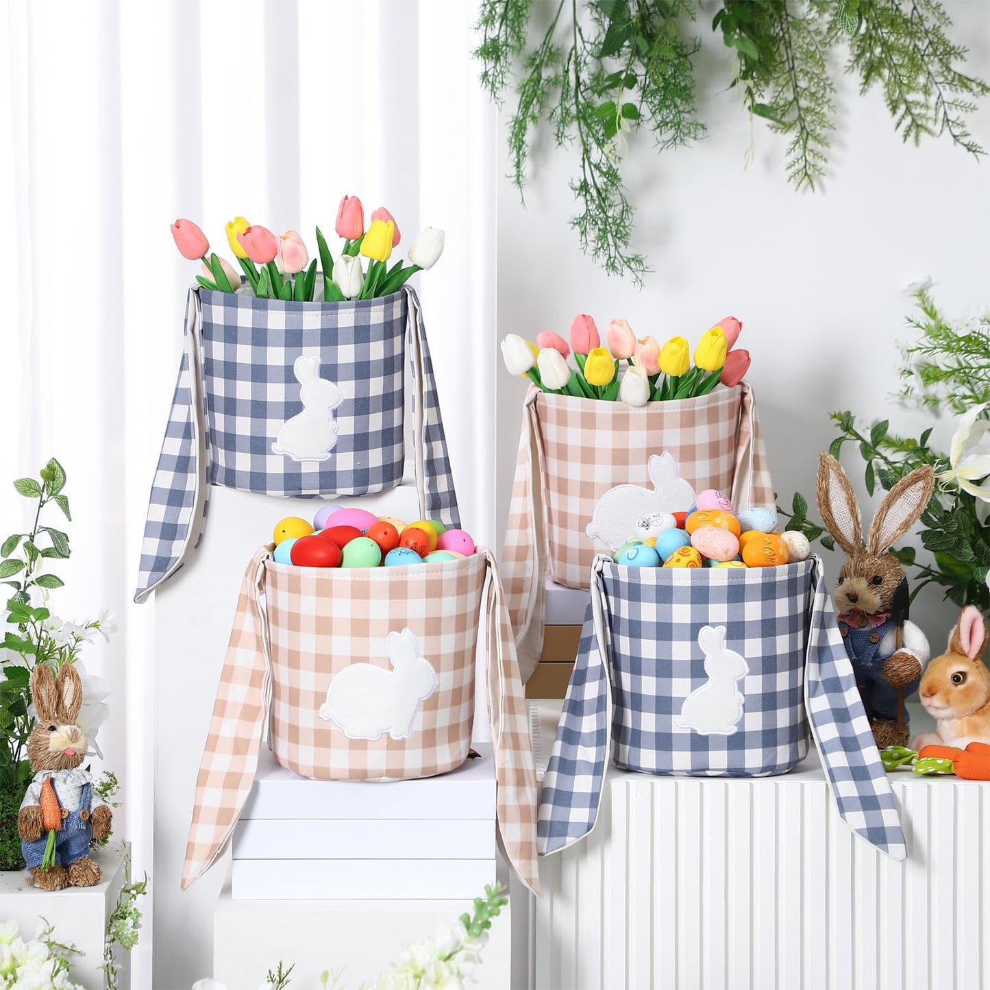 Paterr 4 Pack Easter Bunny Baskets Canvas Cotton Easter Egg Hunt Baskets with Foldable Rabbit Ears Handle DIY Empty Fluffy Tails Embroidered Bunny Buckets for Party Decorations Candy Gifts Storage