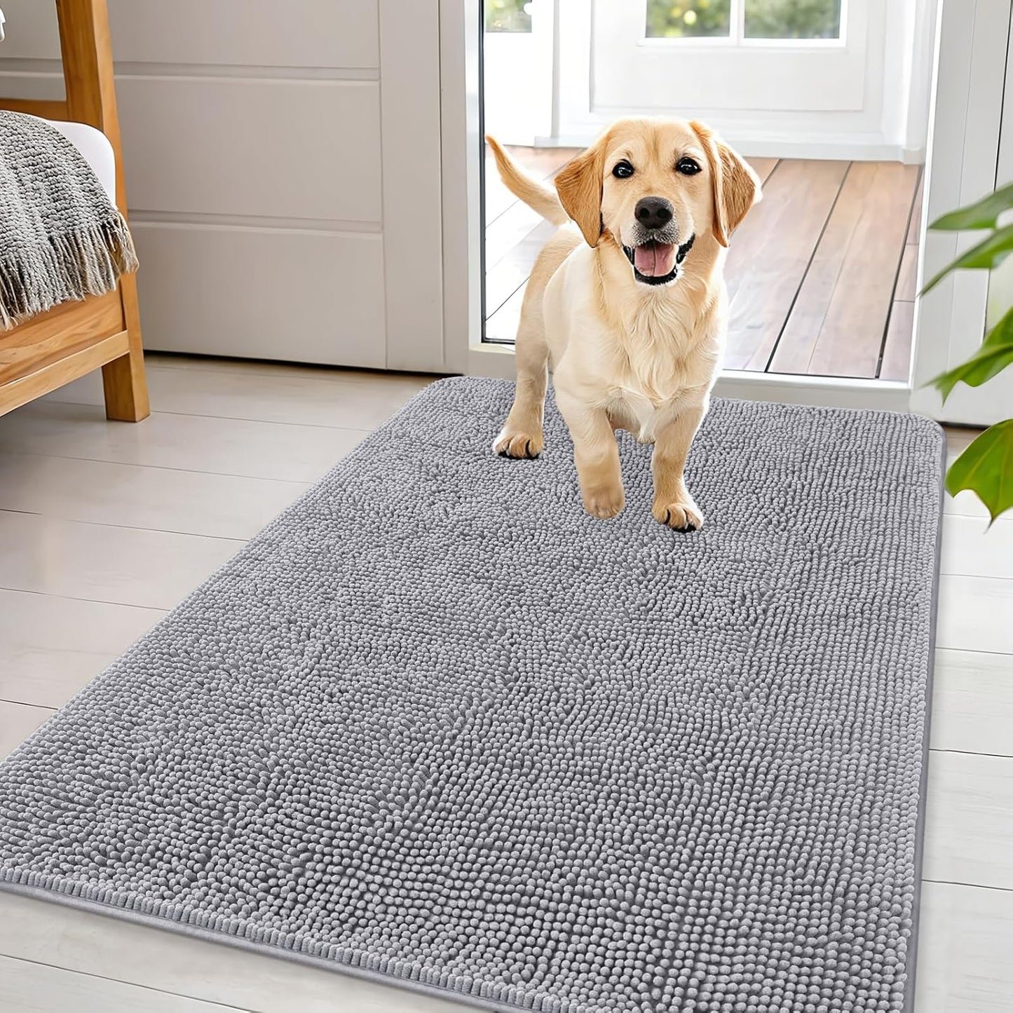 OLANLY Dog Door Mat - Absorbent Non-Slip Chenille Mat for Muddy Paws | 44x32 Light Grey Indoor Carpet