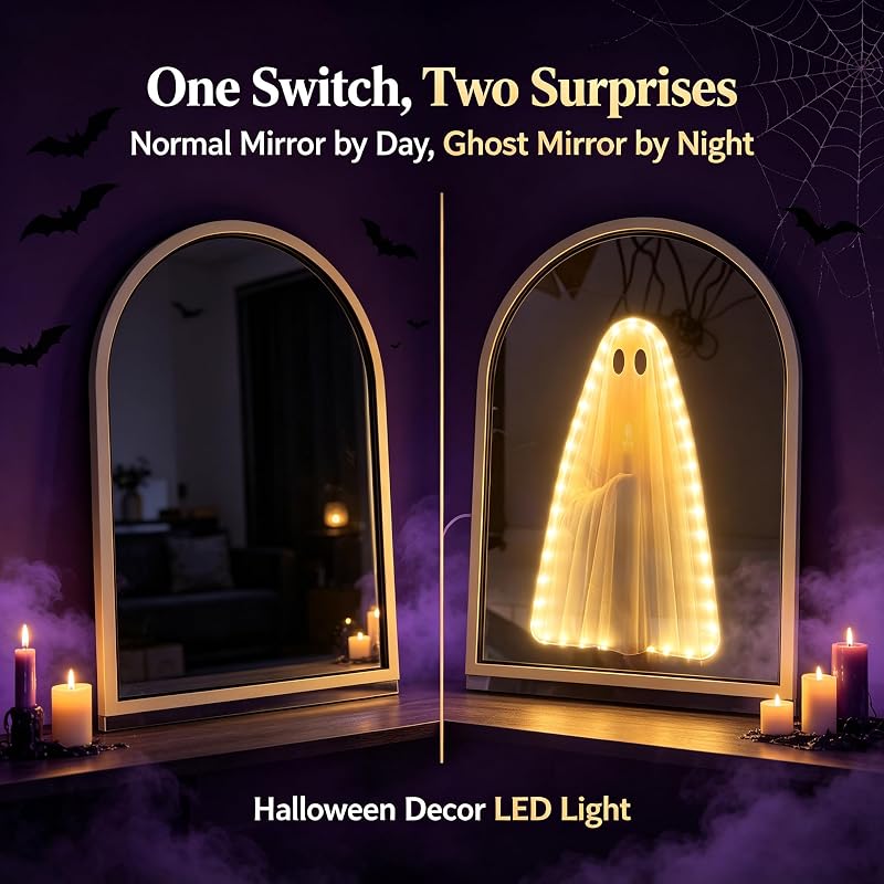 Light Up Ghost Arched Mirror - USB Powered Halloween Mantel Decor