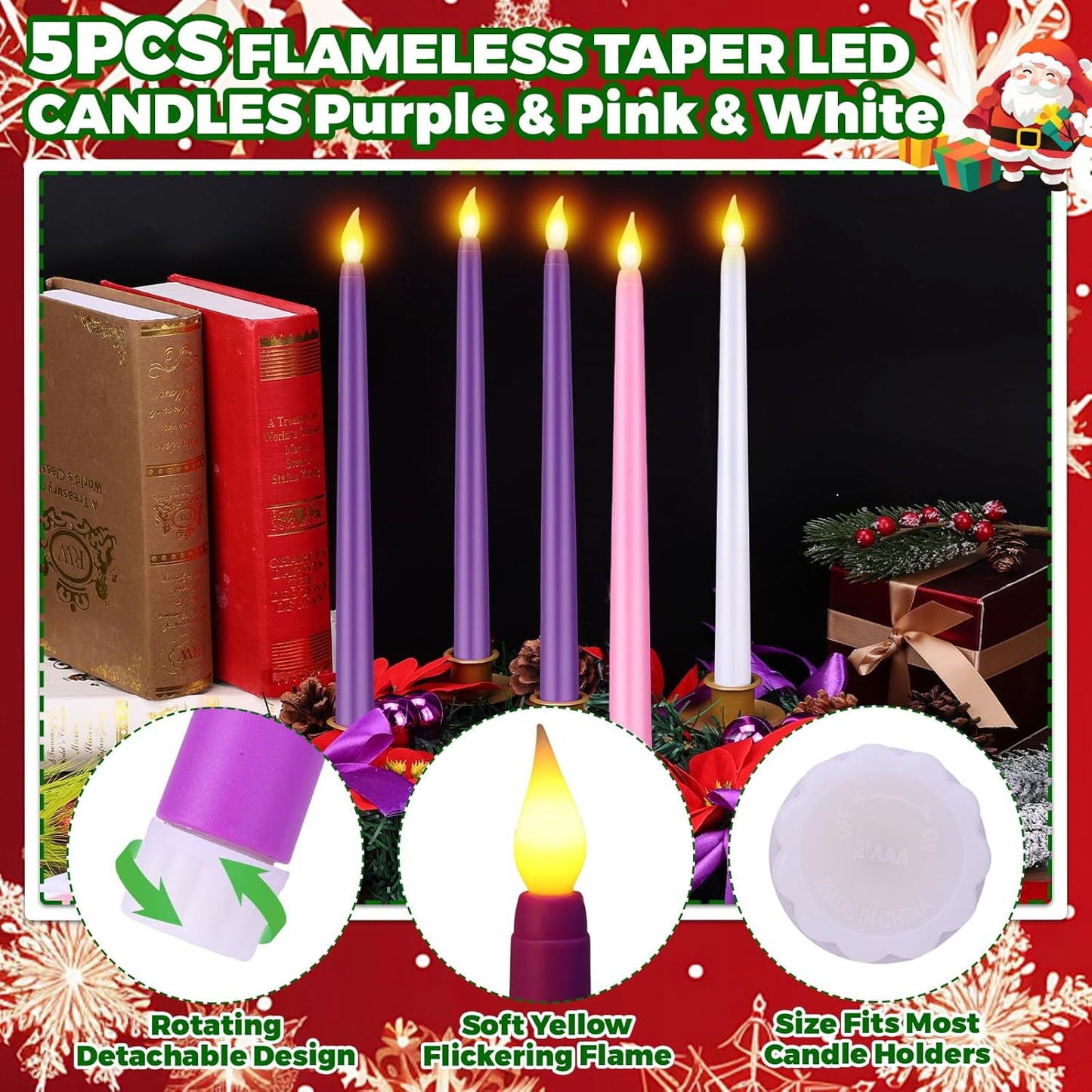 Skiennix 11-Inch Christmas Advent Wreath - 5 Flameless Taper Candles with Pine Cones & Poinsettias
