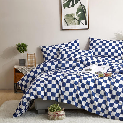 Luxlovery Blue Plaid Comforter Set Cal King Blue Grid Bedding Comforter Set California King Check Buffalo Modern Chic Blanket Soft Breathable Bright Blue Geometric Abstract Bedding Set