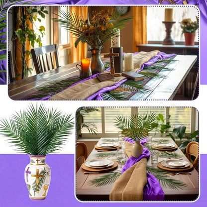 Frienda 52 Pcs Easter Communion Table Decor - 10 ft Purple Cloth Runner & 15.7 Inch Palm Leaves