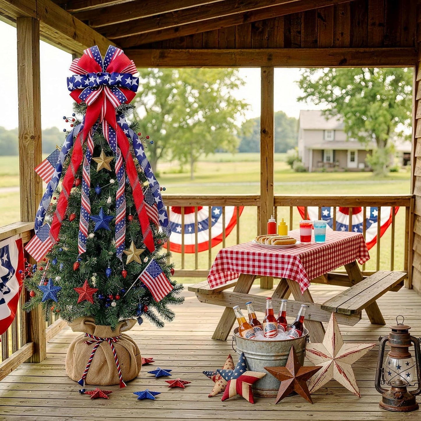 Skiennix Large 4th of July Tree Topper Bow - Pre-Tied Patriotic Ribbon for Wreaths | 52x13 Inch Red, Blue, White