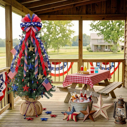 Skiennix Large 4th of July Tree Topper Bow - Pre-Tied Patriotic Ribbon for Wreaths | 52x13 Inch Red, Blue, White