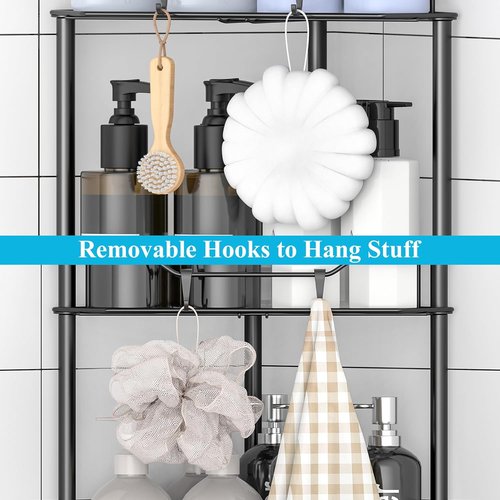 HuggieGems 2-Tier Floor Standing Corner Shower Caddy Organizer - Matte Black Bathroom Shelf with Hooks