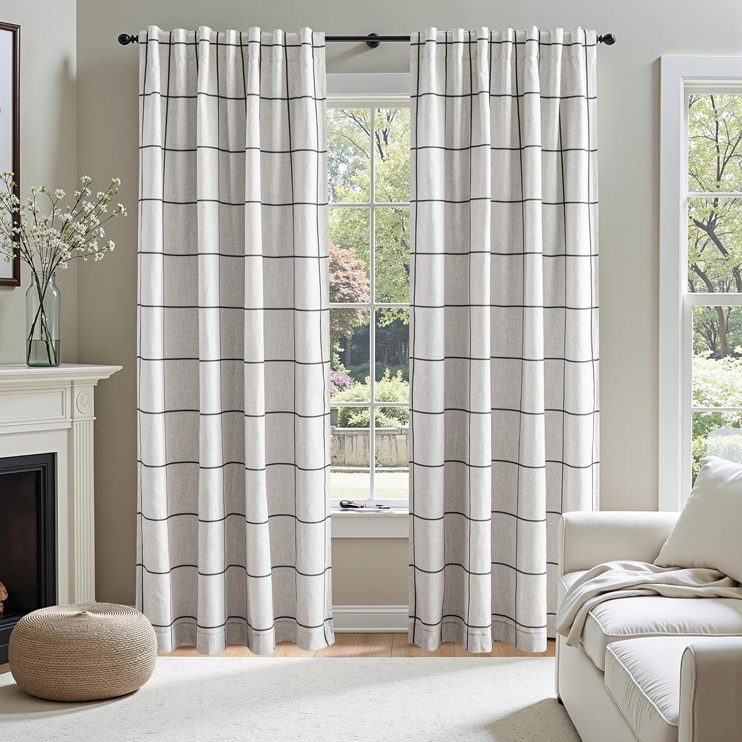 MYSKY HOME 100% Blackout Linen Curtains - 84 Inch Thermal Insulated Drapes | Black Plaid, 52" W, 1 Panel