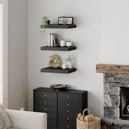 QEEIG 10" Deep Floating Shelves - Set of 3 Black Wall-Mounted Bookshelves for Bathroom, Bedroom, Kitchen, Living Room