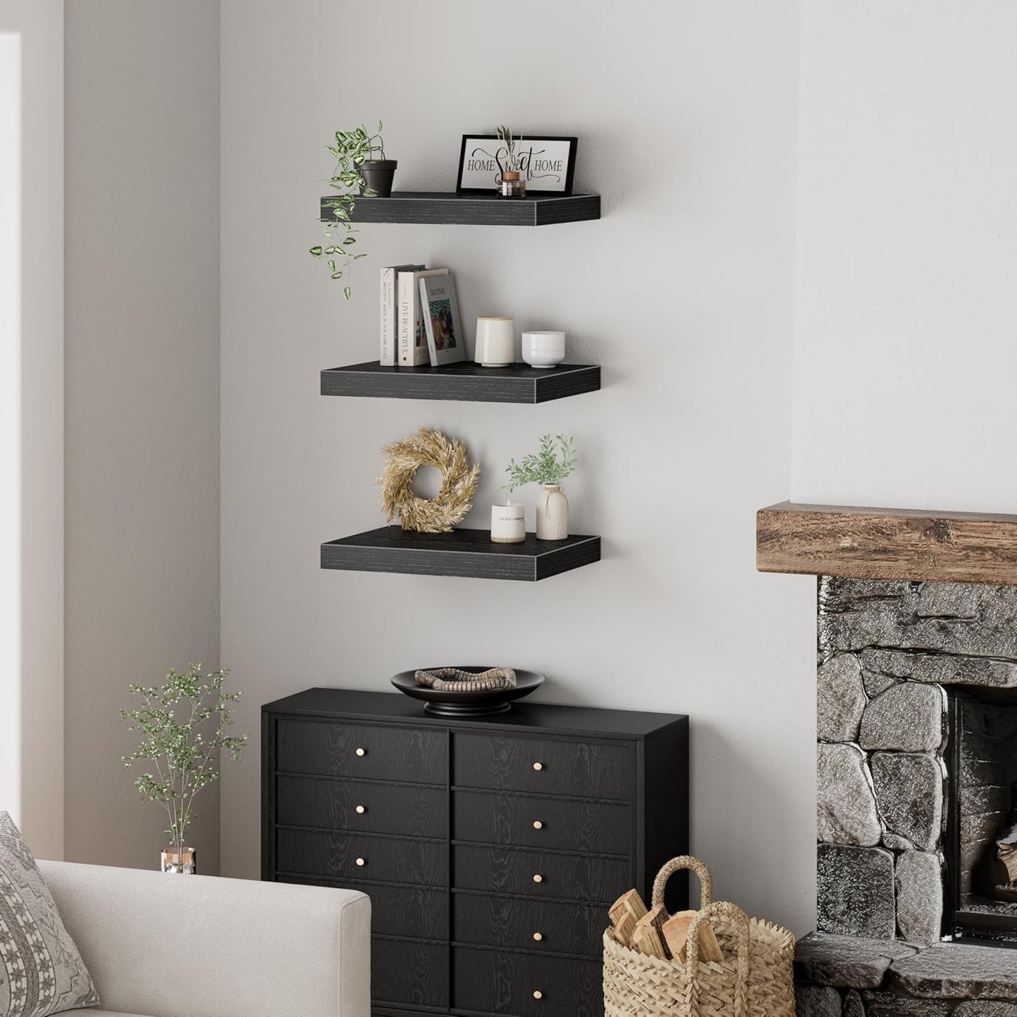 QEEIG 10" Deep Floating Shelves - Set of 3 Black Wall-Mounted Bookshelves for Bathroom, Bedroom & Kitchen