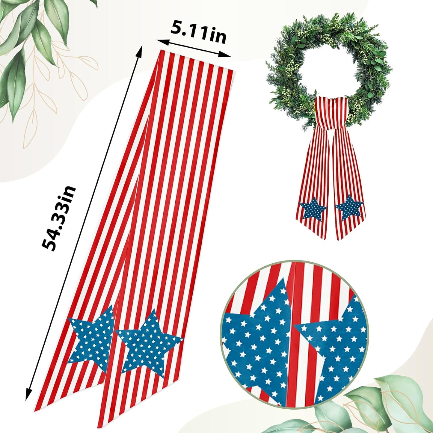 Regine Switzerland Patriotic Wreath Sash - Red White Stripe Star Design | 5.1 x 54.3" for 4th of July Decor