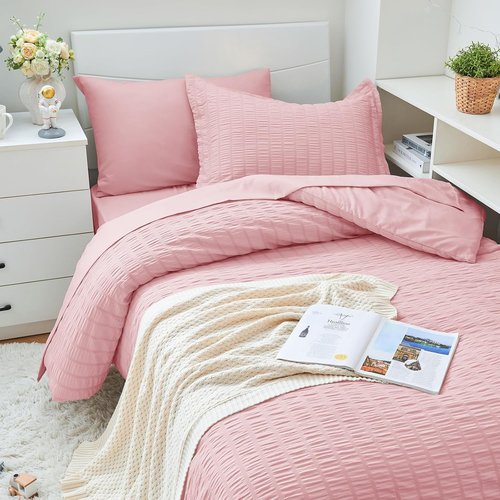 HYMOKEGE Twin XL Comforter Set - Luxury 5-Piece Seersucker Bedding in Pink for All Seasons