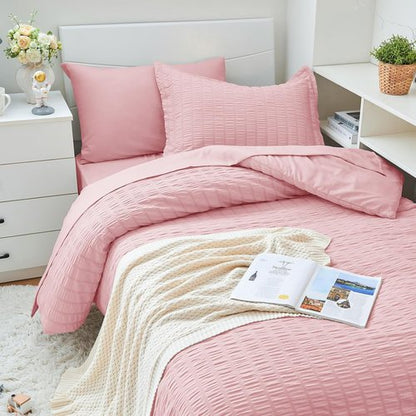 HYMOKEGE Twin XL Comforter Set - Luxury 5-Piece Seersucker Bedding in Pink for All Seasons