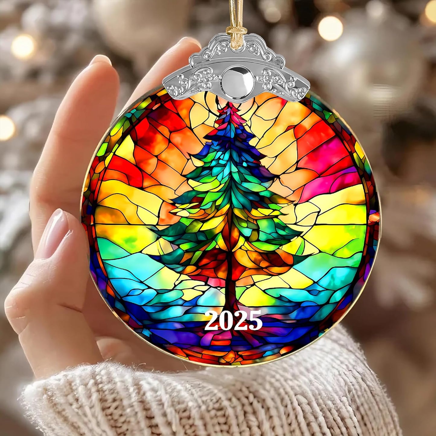 Stained Glass Effections Christmas Ornament - 2D Acrylic Art for Tree Decor | Unique White Elephant Gift