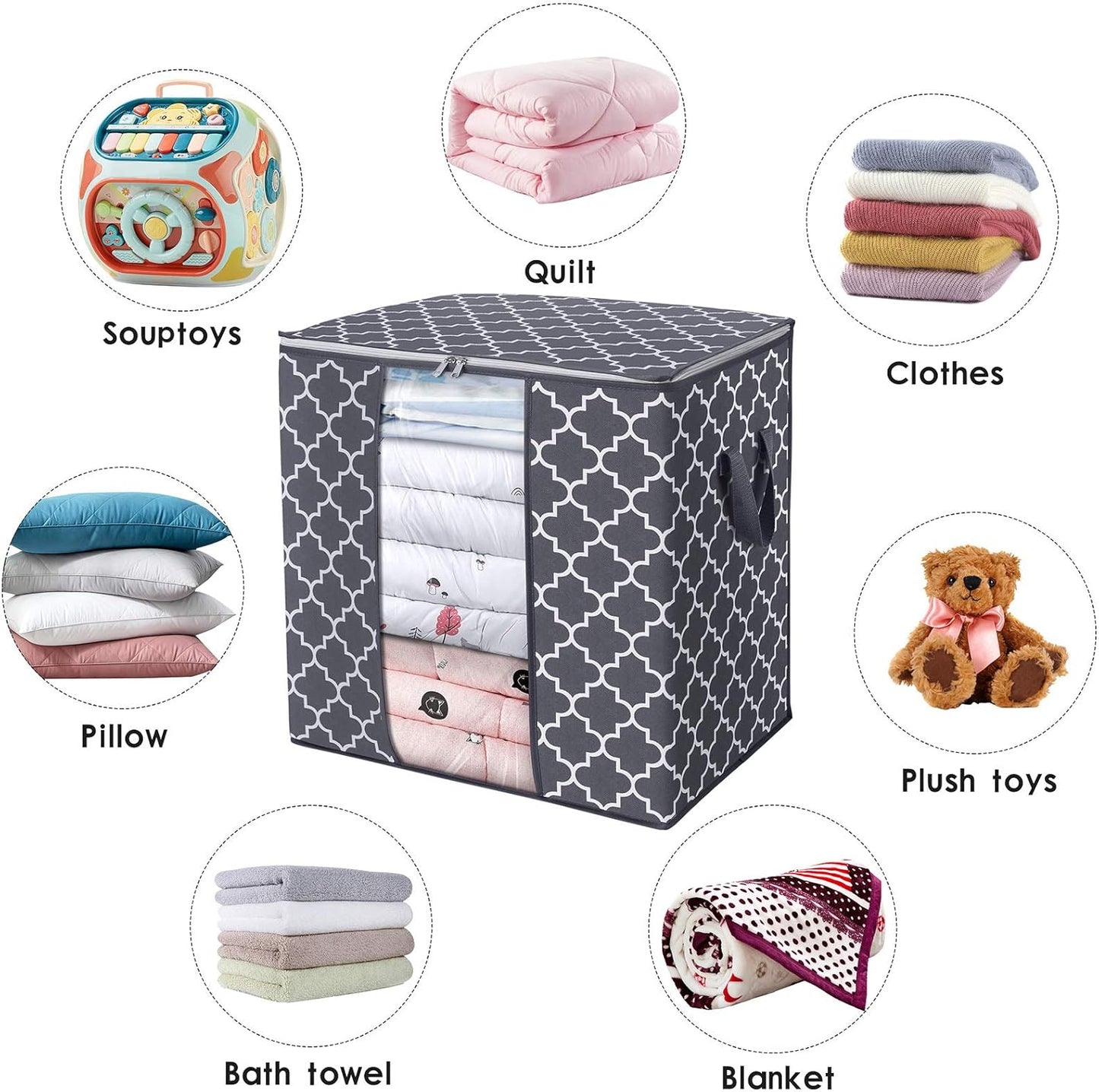 WISELIFE Storage Bags - 4 Pack 100L Large Blanket and Clothes Organizers | Foldable with Clear Window & Reinforced Handles, Gray
