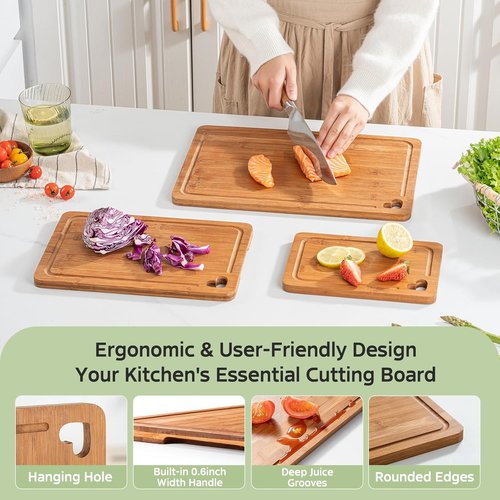 Bamboo Cutting Boards Set of 3 - Premium Wood Chopping & Charcuterie Boards with Juice Groove | Ideal Kitchen Gifts