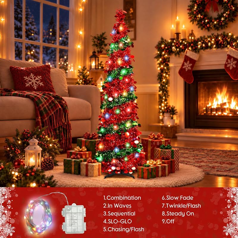 5ft Pop Up Christmas Tree with 90 LED Lights - Collapsible Tinsel Tree (Green) - Indoor Outdoor