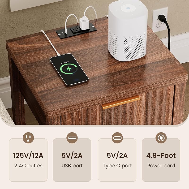 Walnut Fluted Nightstand Set 2 with Storage Drawer, 2 USB & 2 AC Outlets