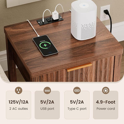 Walnut Fluted Nightstand Set 2 with Storage Drawer, 2 USB & 2 AC Outlets