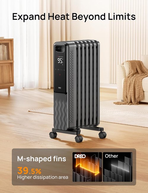 DREO Electric Radiant Heater - 1500W Oil Filled Radiator with Remote Control & Child Lock | Quiet, 4 Modes, 24h Timer