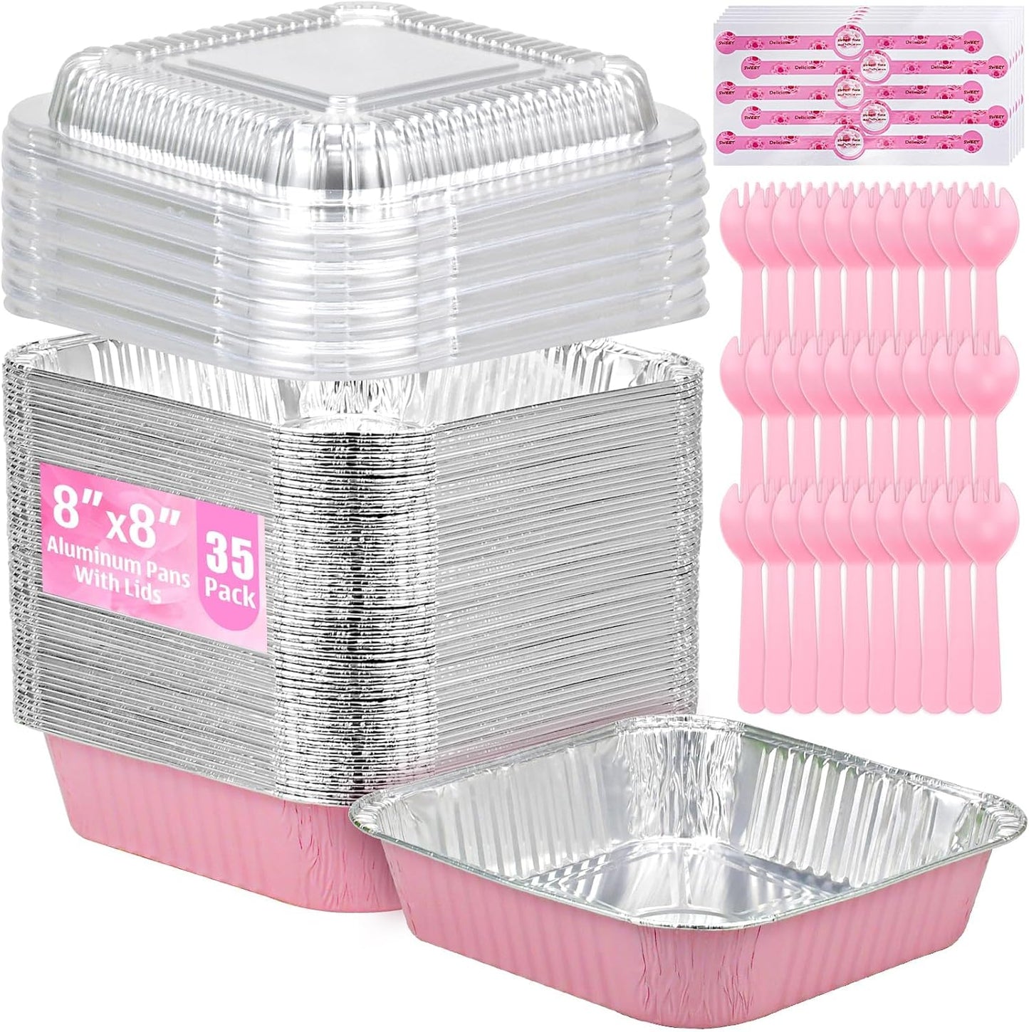 Regine Switzerland 35-Pack Pink 8x8 Inch Disposable Aluminum Pans - With Lids, Stickers & Spoons for Parties