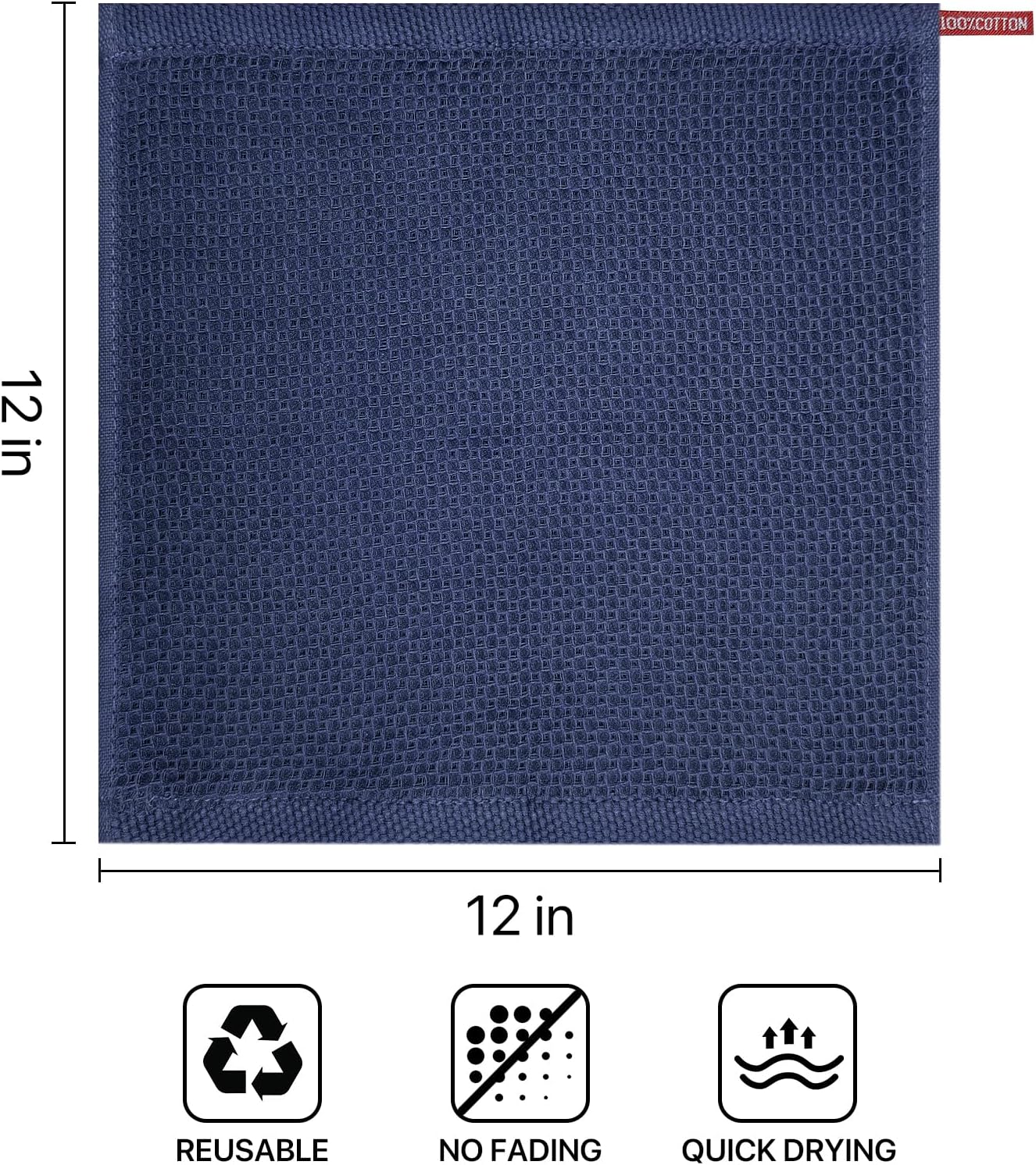 Skiennix 100% Cotton Waffle Weave Kitchen Towels - Ultra Soft & Absorbent 6 Pack | Quick Drying, Dark Blue, 12x12 Inches