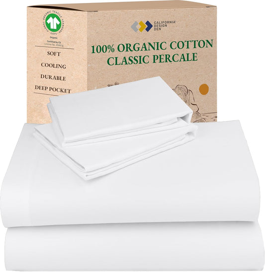 California Design Den King Size Sheets Set - Soft 100% Organic Cotton Percale with Deep Pockets - White