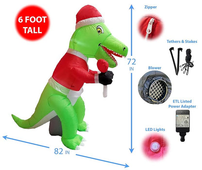 6 ft Tall Lighted Christmas Inflatable Green Dinosaur with Santa Hat