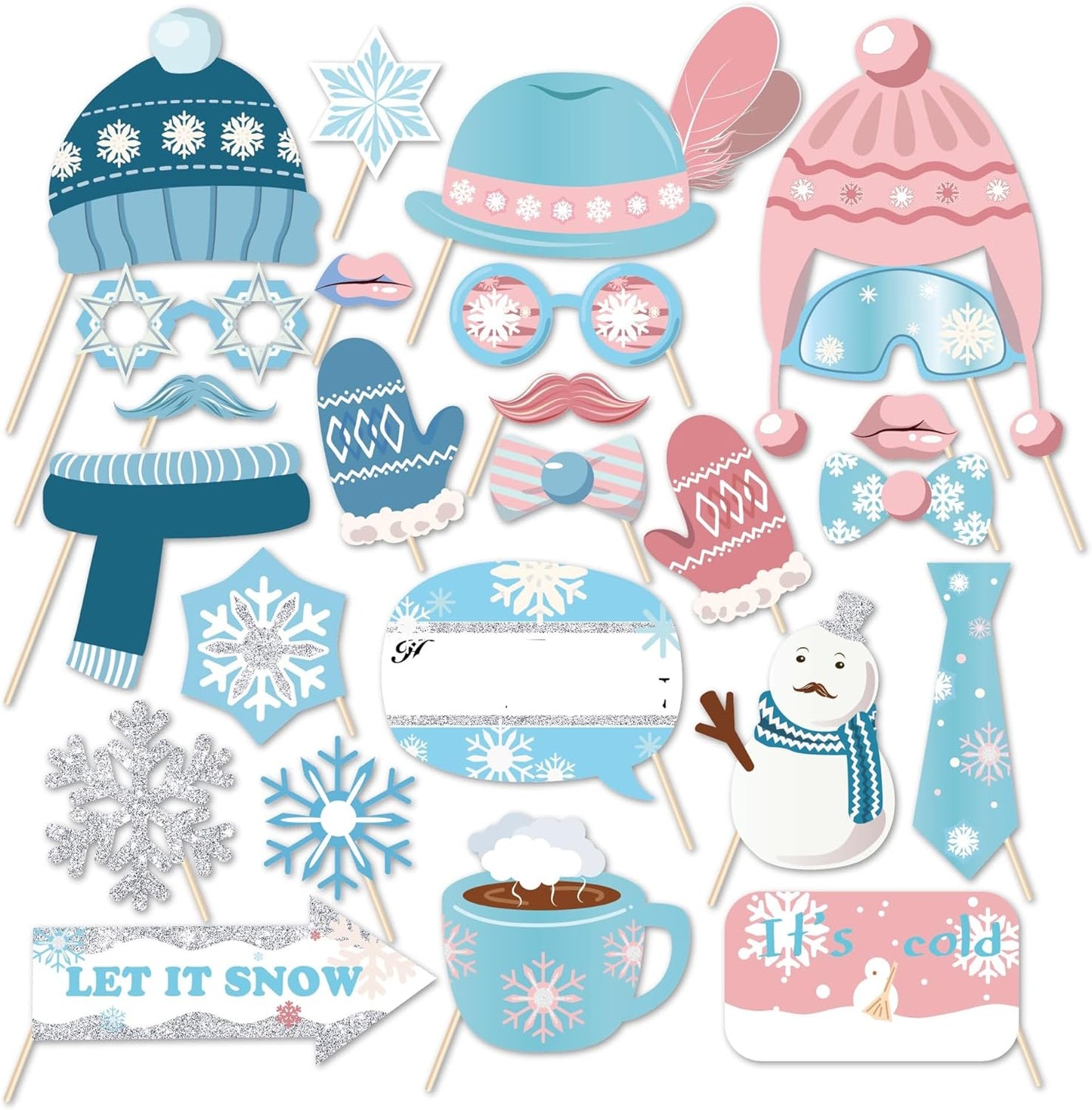 Snowman Photo Booth Props - Winter Wonderland Theme | 25 Count Snowflake Decorations