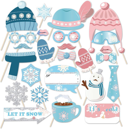 Snowman Photo Booth Props - Winter Wonderland Theme | 25 Count Snowflake Decorations