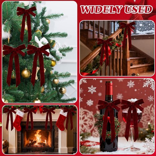 Burgundy Velvet Ribbon Bows by [Brand Name] - 8 Pcs 5in x 10in Christmas Tree Ornaments | Perfect for Wreaths & Gift Wrapping