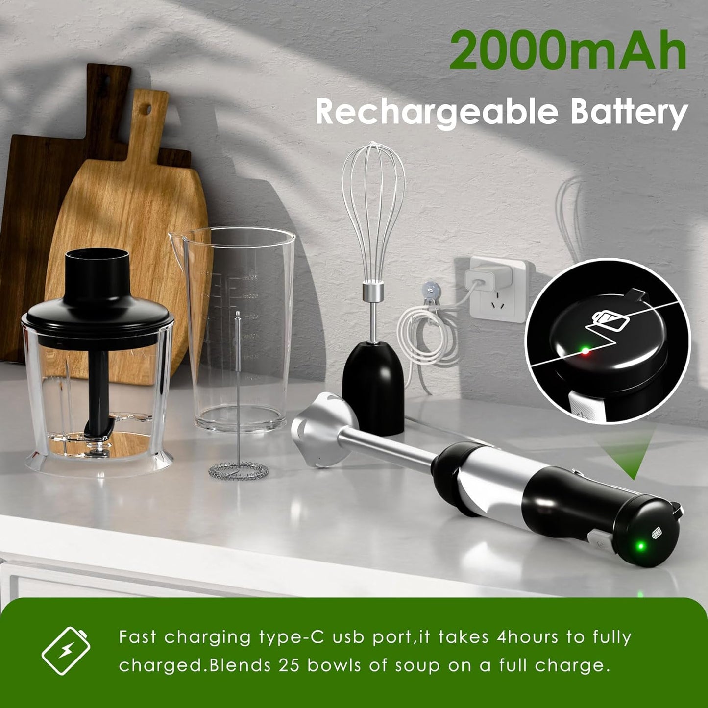 Skiennix Cordless Immersion Hand Blender - 5-in-1 Variable Speed, Rechargeable 2000mAh Battery, BPA-Free Accessories Included