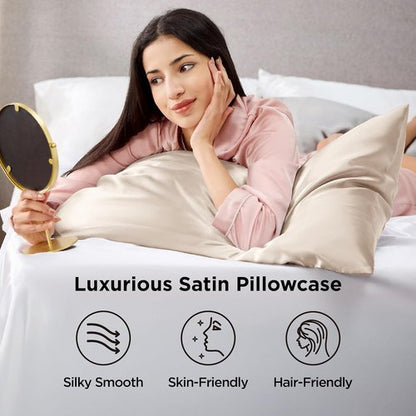 Bedsure Satin Pillowcases - Queen Size Set of 2 | Cooling Silk-Like Pillow Cases in Beige, 20x30 Inches