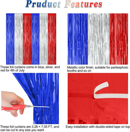 Patriotic Tinsel Backdrop by [Brand Name] - 12 Pack Metallic Blue, Silver & Red Fringe Curtains | 3.28 FT x 7.05 FT Independence Day Party Decor