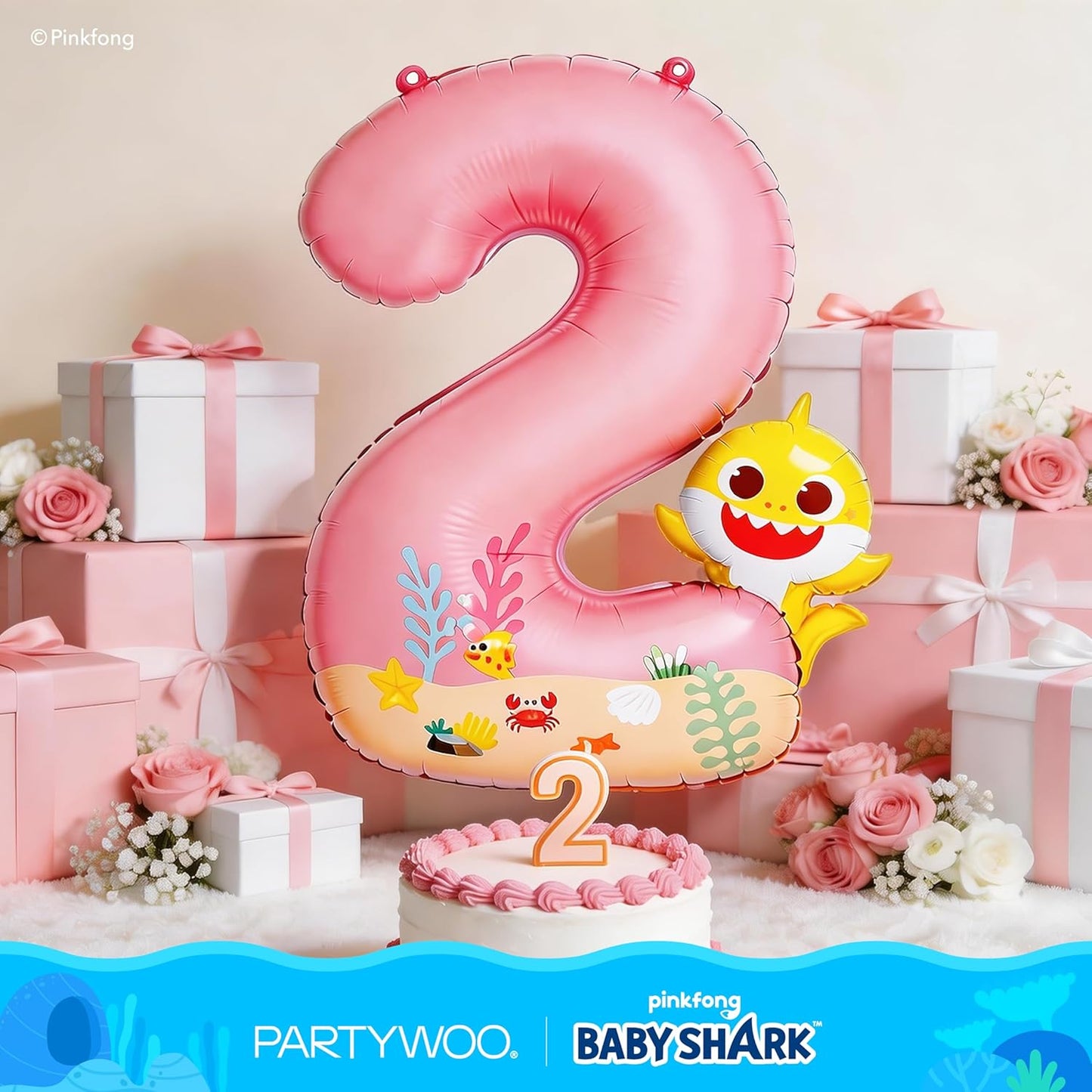PartyWoo Baby Shark Pink Foil Number 2 Balloon - 40 Inch Mylar Helium Birthday Decoration for Kids