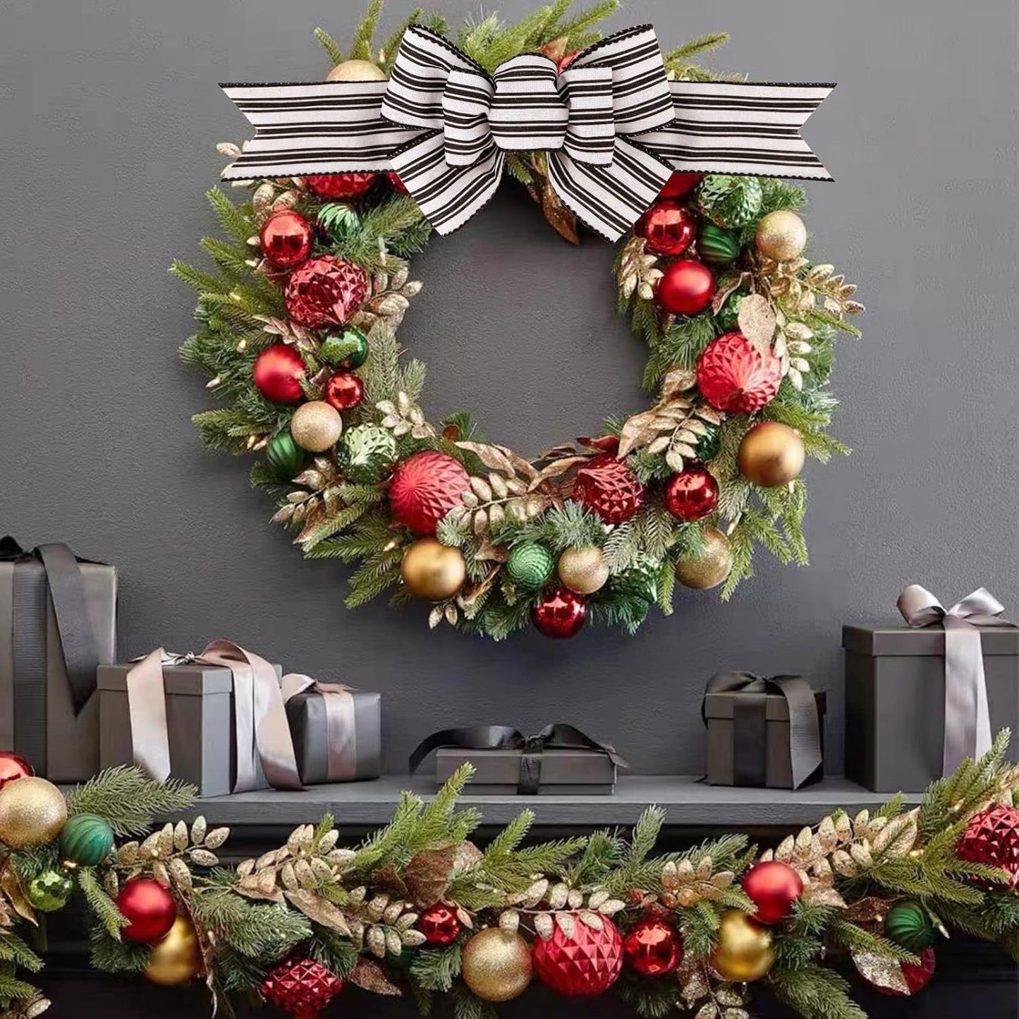 Meseey Wired Ribbon Bows - Handmade Black and White Striped Burlap for Wreaths & Gift Wrapping | 2 Pcs