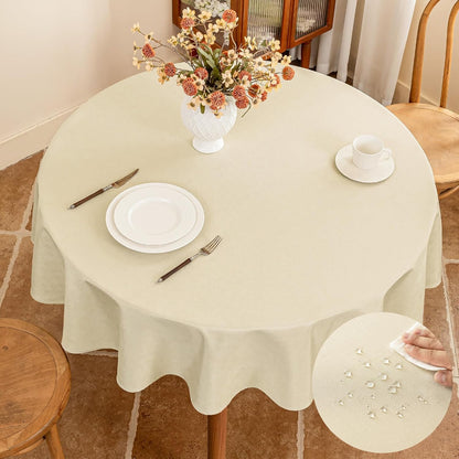 Textured Round Tablecloth - 60 Inch Beige, Water-Resistant Faux Linen for 2-4 Seat Dining Tables
